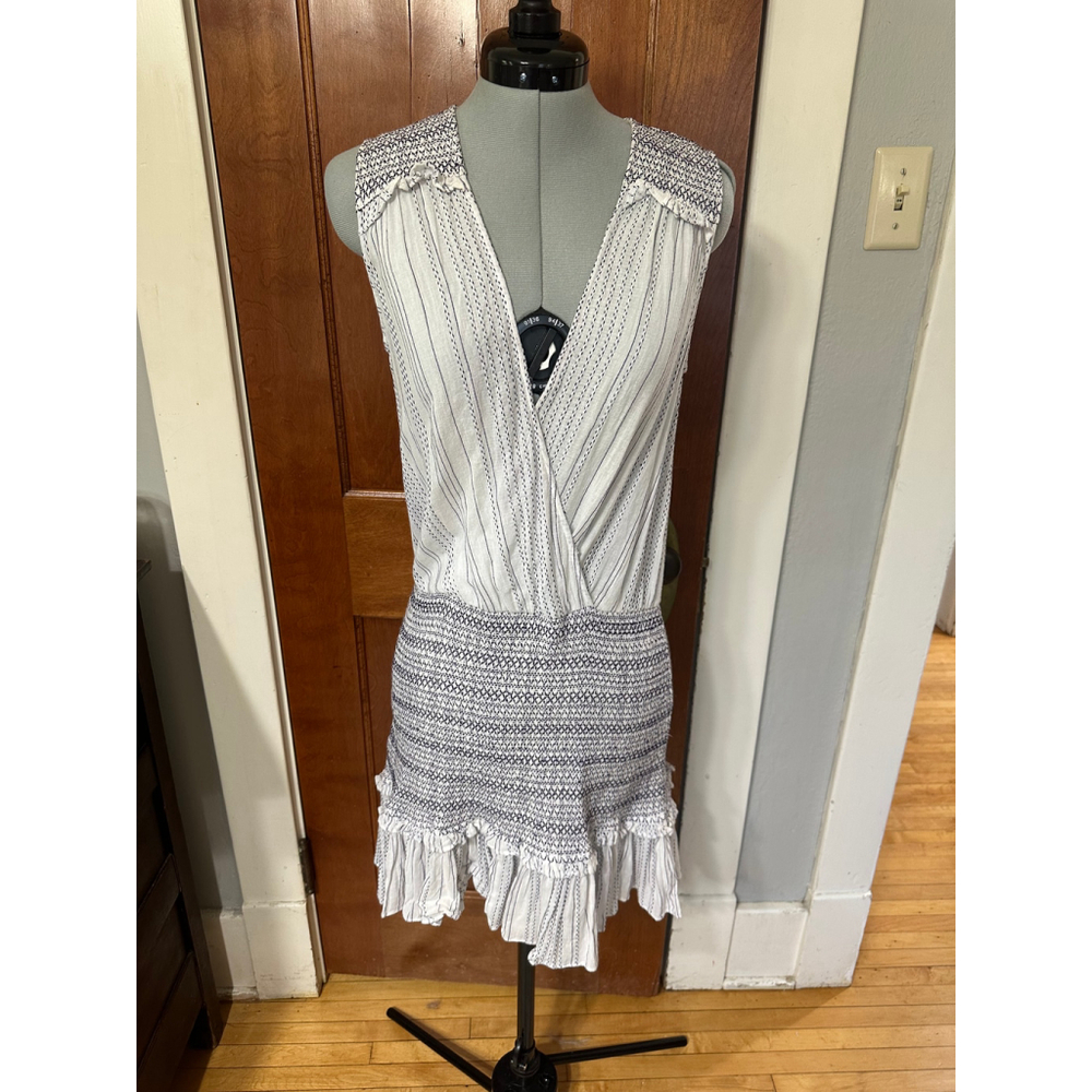 Veronica Beard Sleeveless Smocked Mini Dress Blue White Stripe Ruffle Hem Size S